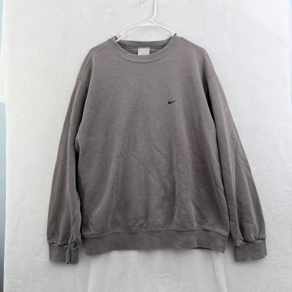 Vintage Nike Sweatshirt Mens L Gray Mini Swoosh Logo Embroidered Fleece Pullover